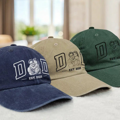 Custom Photo Ink Drawing Dad Mom Est Year - Personalized Vintage Washed Denim Cap