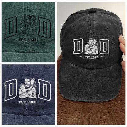 Custom Photo Ink Drawing Dad Mom Est Year - Personalized Vintage Washed Denim Cap