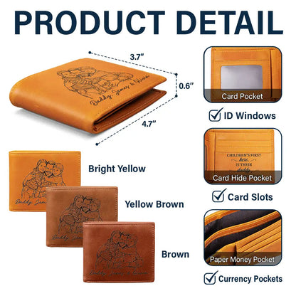 Custom Photo Bold Sketch A Son Daughter's First Hero - Personalized Engraved Leather Wallet