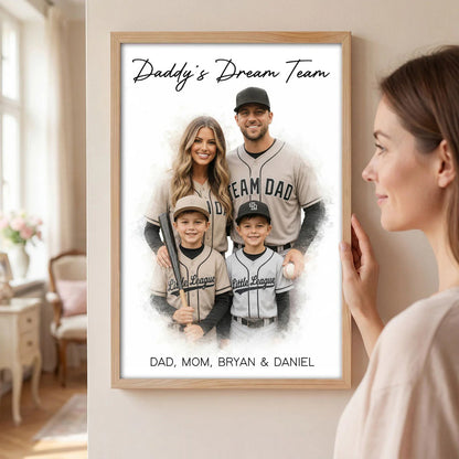 Watercolor Style Baseball Basketball Football Daddy's Dream Team - Personalized Poster - Father's Day Gift For Husband, Dad, Sport Dad