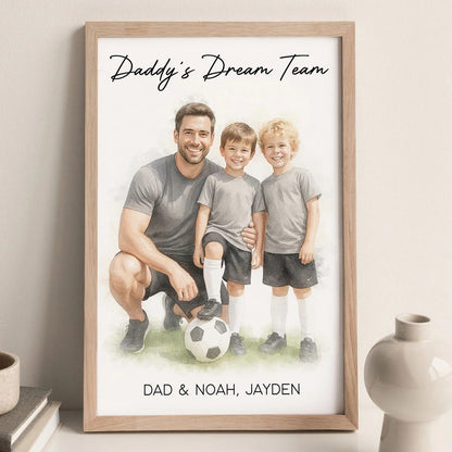 Watercolor Style Baseball Basketball Football Daddy's Dream Team - Personalized Poster - Father's Day Gift For Husband, Dad, Sport Dad