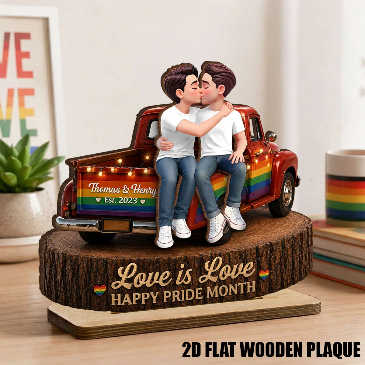 LGBT+ Couple Truck Love Is Love - Personalized Wooden Plaque - Gift For Couple, Happy Pride Month