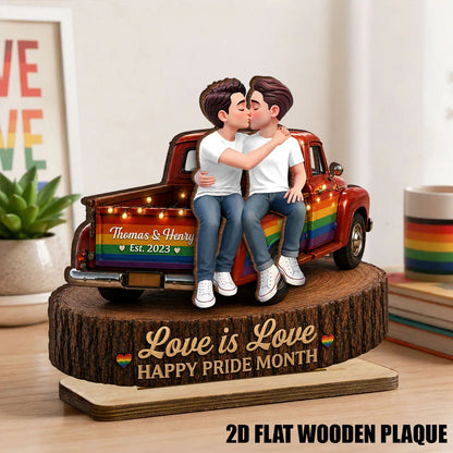 LGBT+ Couple Truck Love Is Love - Personalized Wooden Plaque - Gift For Couple, Happy Pride Month