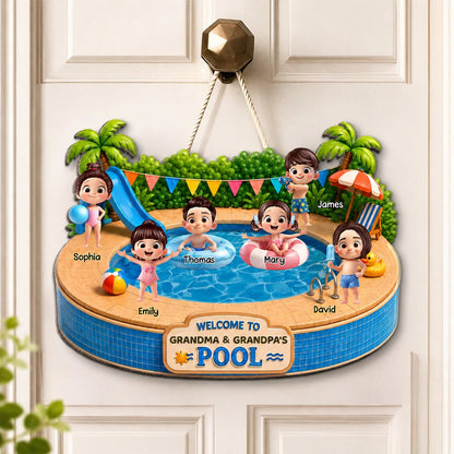 Welcome To Grandma Grandpa Pool Playful Kids 2D Flat - Personalized Wood Sign