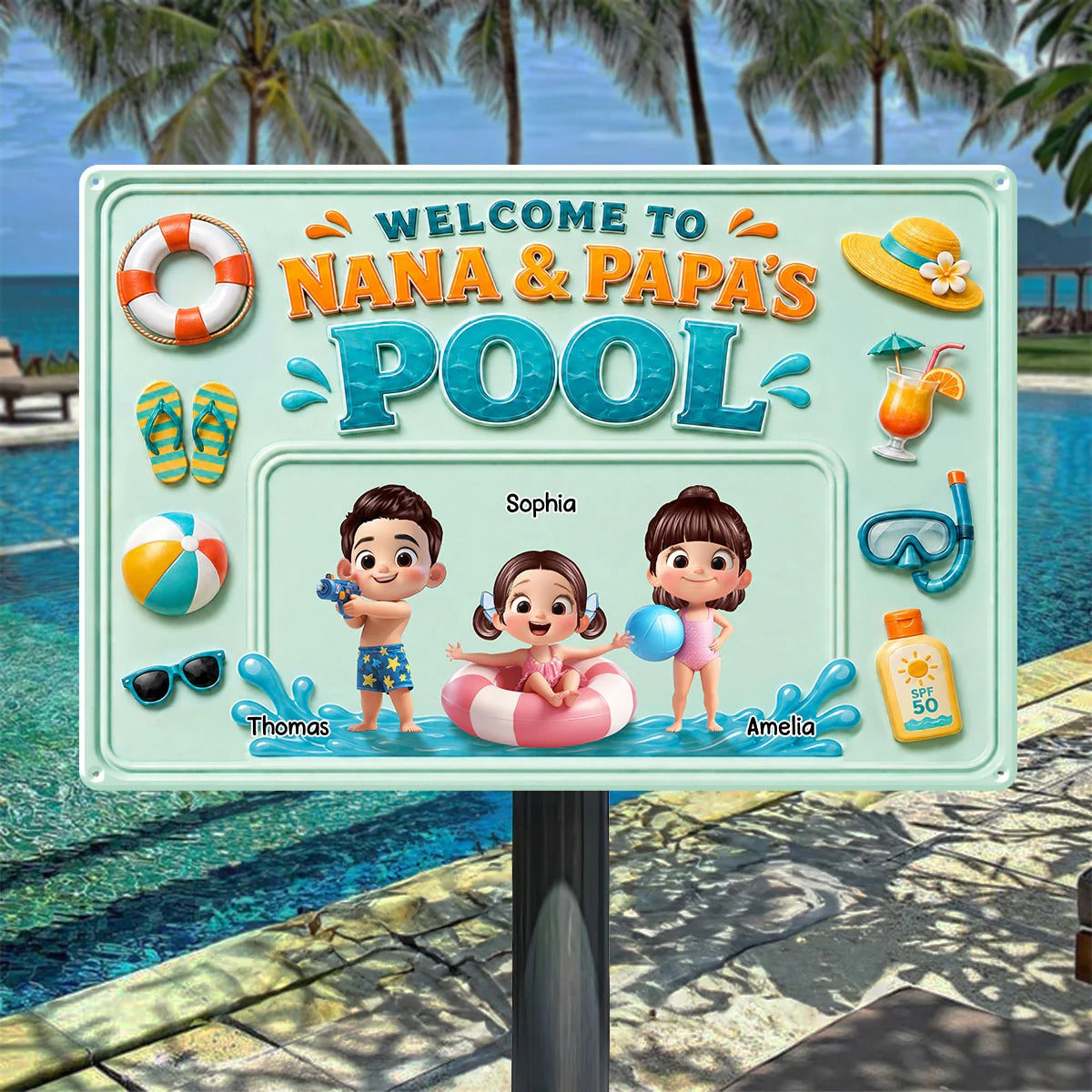 Nana & Papa's Poolside With Kids - Personalized Metal Sign - Gift For Kids, Grandparents, Summer Decorations