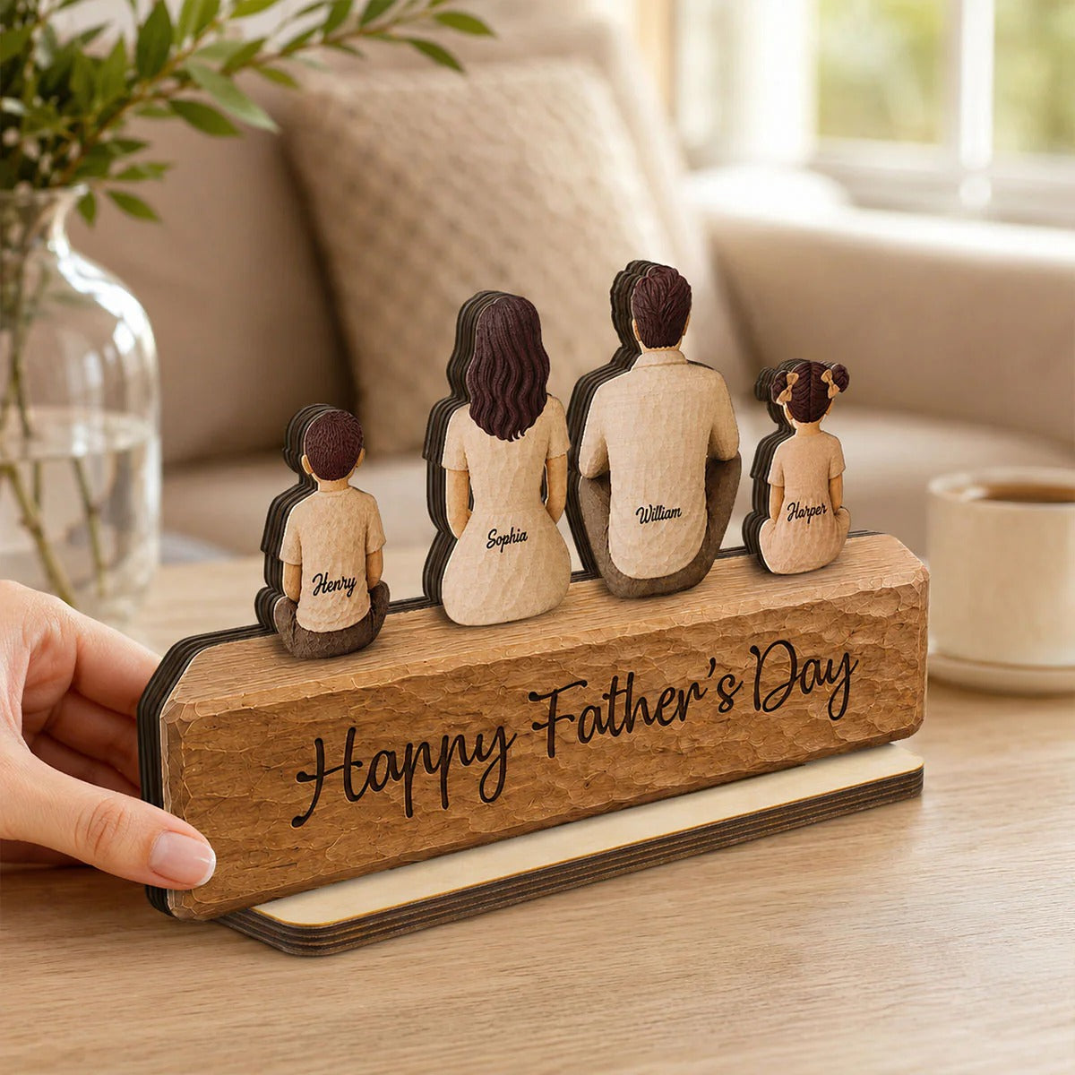 Family Sitting Back View 2D Flat Printed - Personalized Wooden Plaque - Gift For Dad, Gift For Husband, Gift For Grandpa