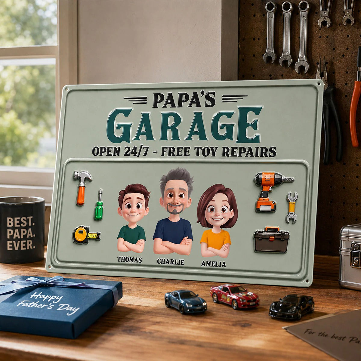 Dad's Garage Open 24/7 Free Toy Repairs - Personalized Metal Sign - Heartfelt Gift For Dad, Grandpa, Husband
