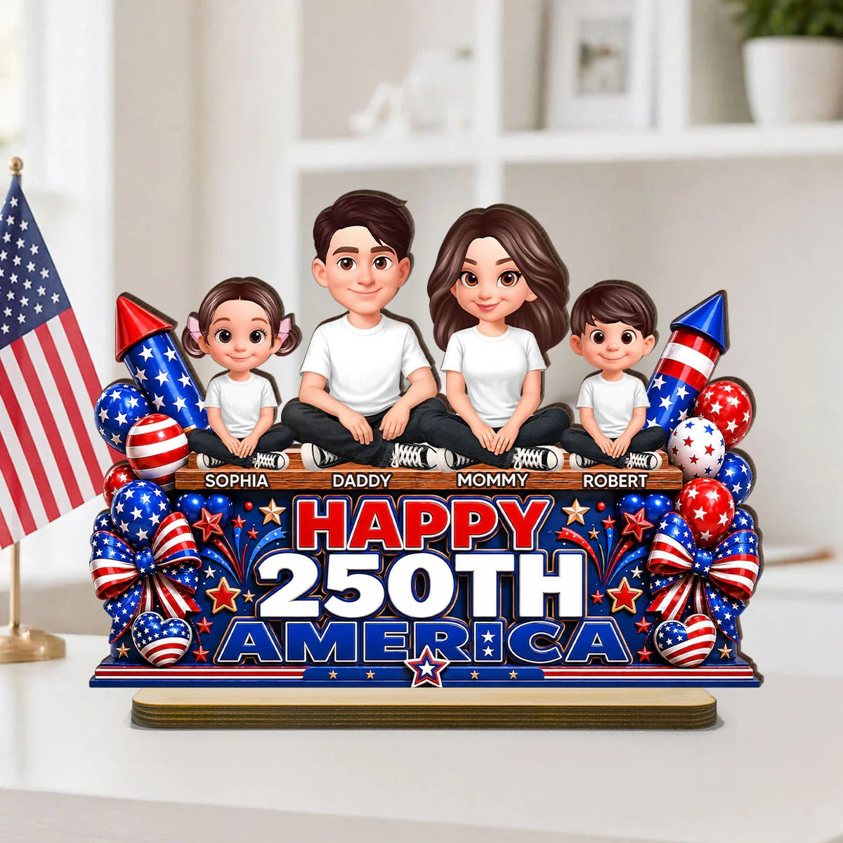 Proud Patriotic Family Happy 250th America Anniversary - Personalized Wooden Plaque - Gift For Family, 4th of July Decoration