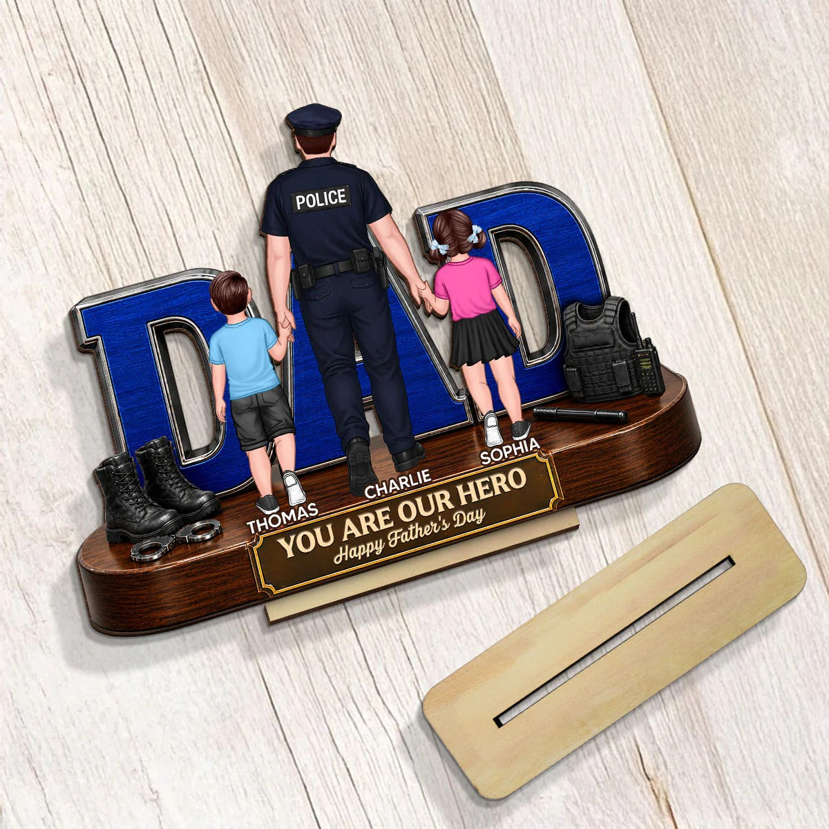 Proud American Police Dad You Are Our Hero - Personalized Wooden Plaque - Unique Trending Gift For Dad, Husband