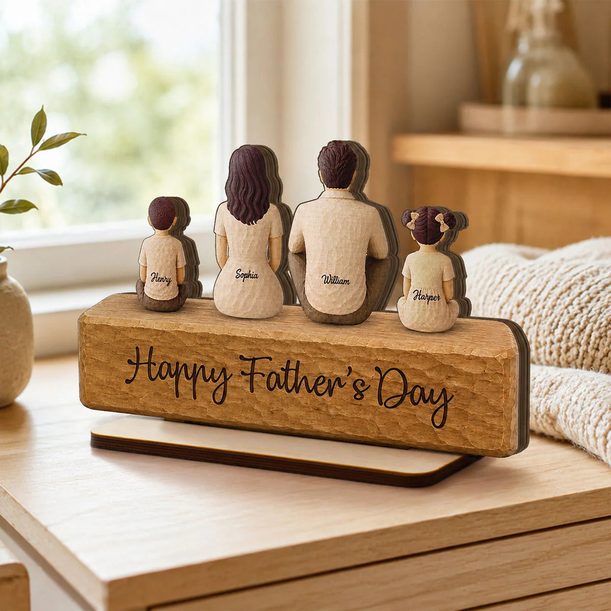 Family Sitting Back View 2D Flat Printed - Personalized Wooden Plaque - Gift For Dad, Gift For Husband, Gift For Grandpa