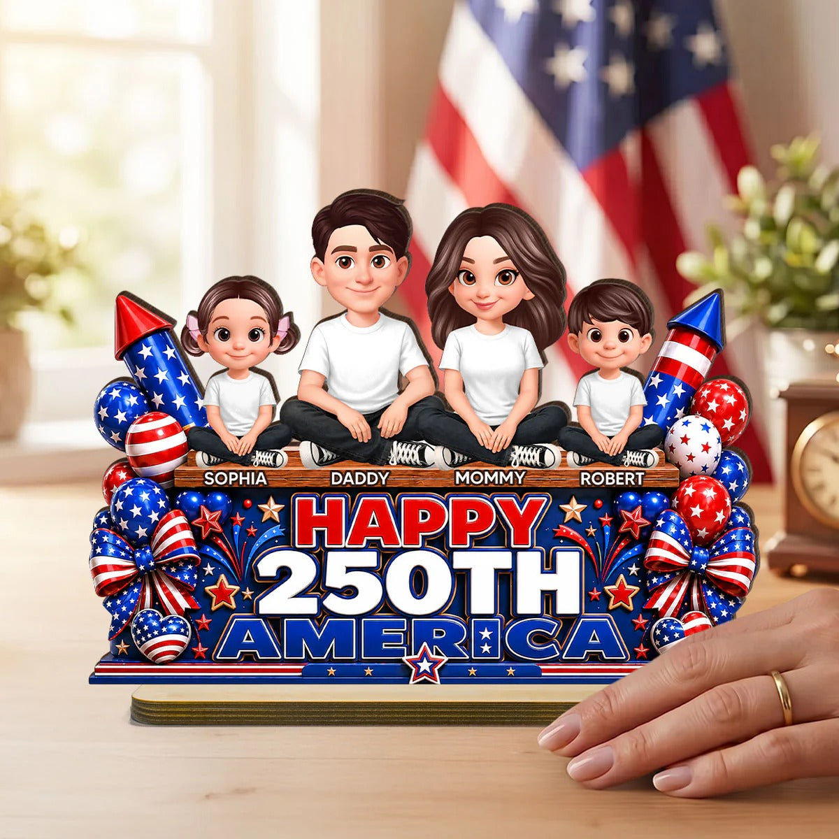 Proud Patriotic Family Happy 250th America Anniversary - Personalized Wooden Plaque - Gift For Family, 4th of July Decoration