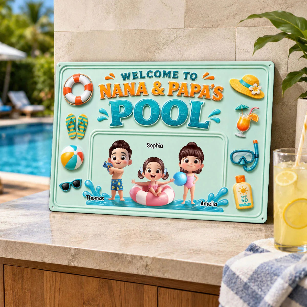 Nana & Papa's Poolside With Kids - Personalized Metal Sign - Gift For Kids, Grandparents, Summer Decorations