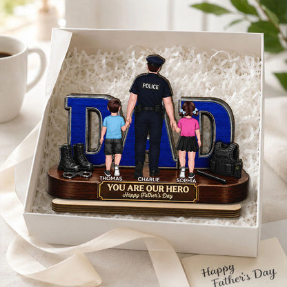 Proud American Police Dad You Are Our Hero - Personalized Wooden Plaque - Unique Trending Gift For Dad, Husband