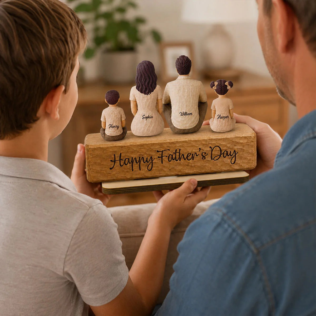 Family Sitting Back View 2D Flat Printed - Personalized Wooden Plaque - Gift For Dad, Gift For Husband, Gift For Grandpa