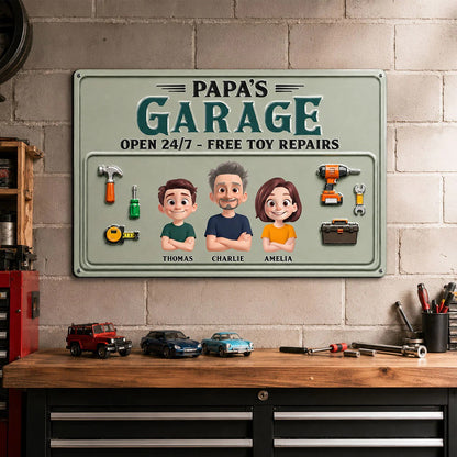 Dad's Garage Open 24/7 Free Toy Repairs - Personalized Metal Sign - Heartfelt Gift For Dad, Grandpa, Husband