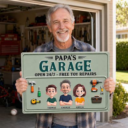 Dad's Garage Open 24/7 Free Toy Repairs - Personalized Metal Sign - Heartfelt Gift For Dad, Grandpa, Husband