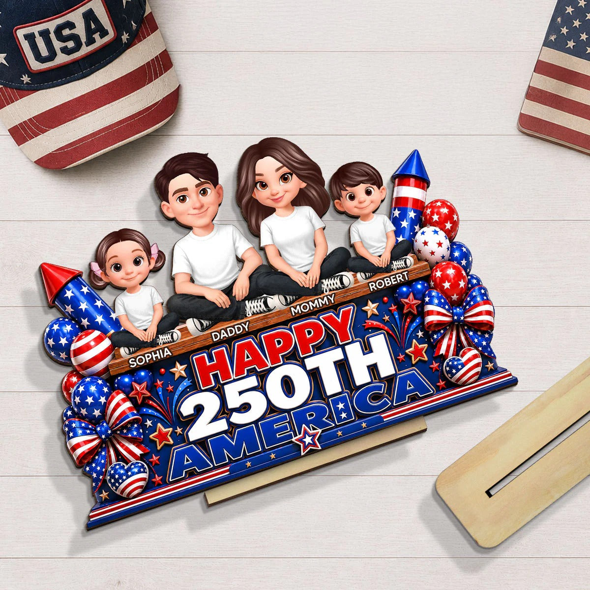 Proud Patriotic Family Happy 250th America Anniversary - Personalized Wooden Plaque - Gift For Family, 4th of July Decoration