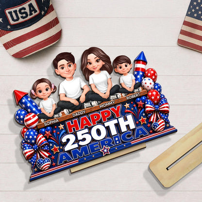 Proud Patriotic Family Happy 250th America Anniversary - Personalized Wooden Plaque - Gift For Family, 4th of July Decoration