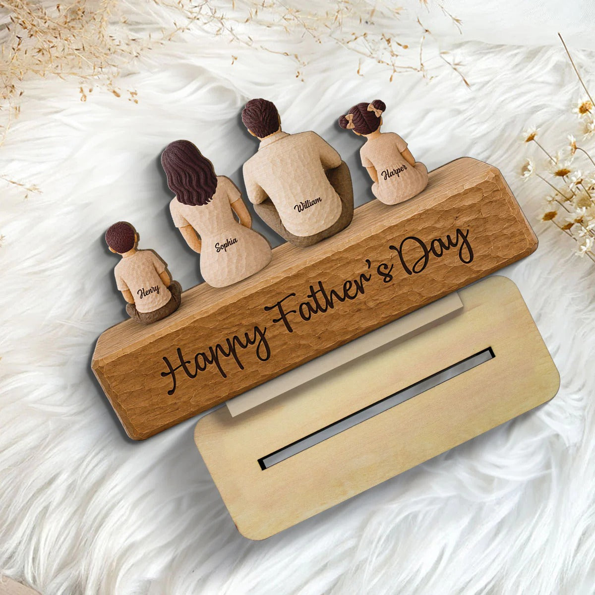 Family Sitting Back View 2D Flat Printed - Personalized Wooden Plaque - Gift For Dad, Gift For Husband, Gift For Grandpa