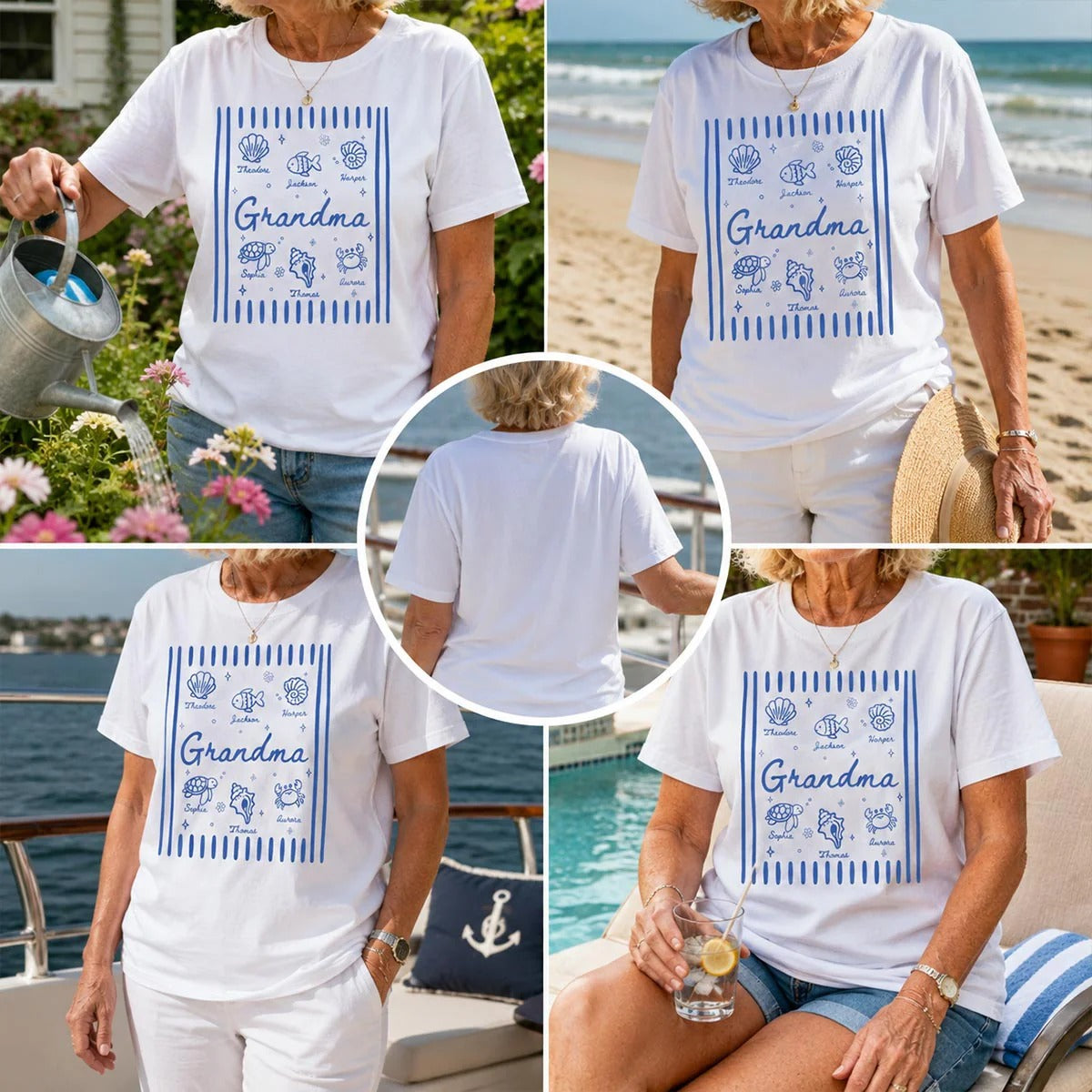 Blue Retro Summer Grandma Mom - Personalized Shirt