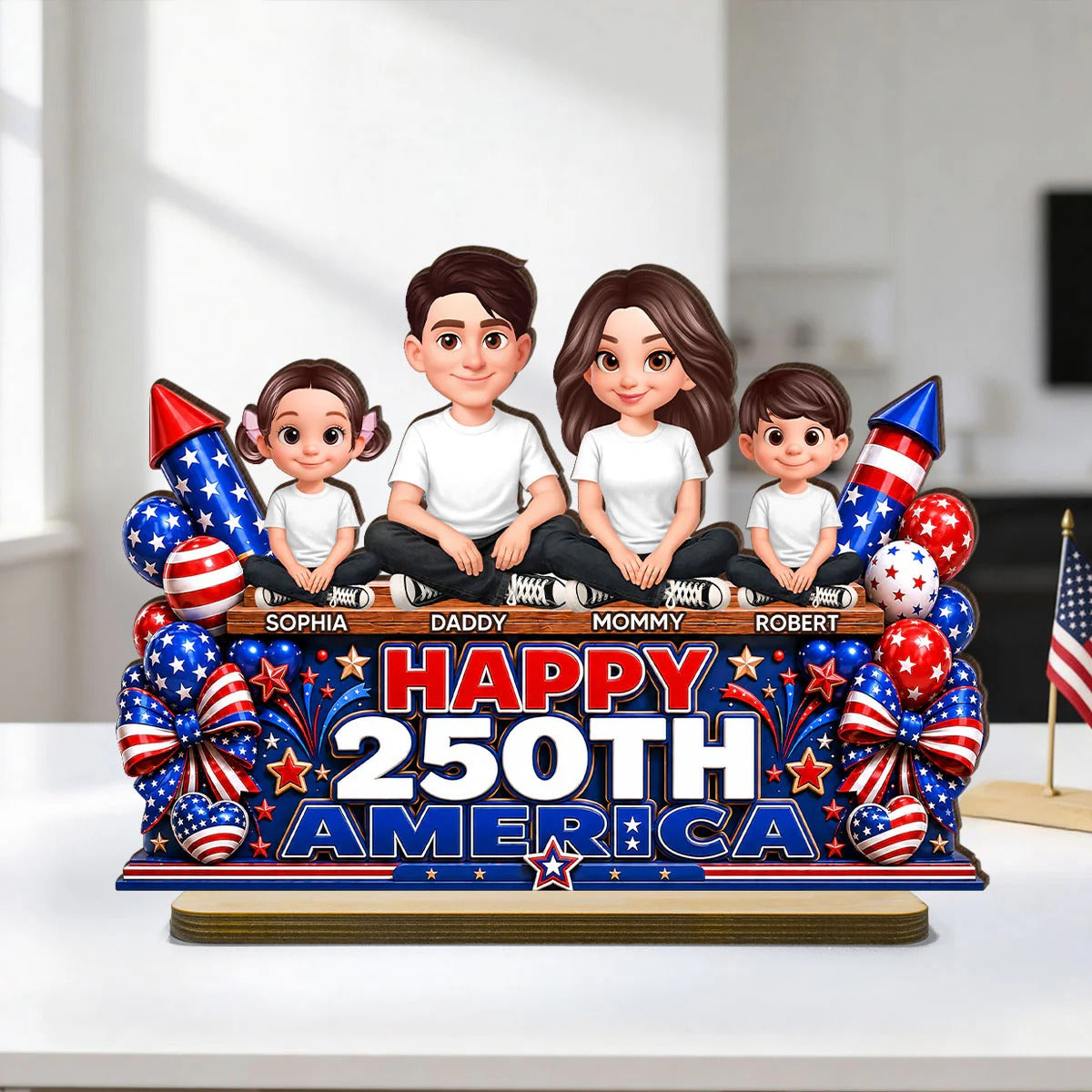 Proud Patriotic Family Happy 250th America Anniversary - Personalized Wooden Plaque - Gift For Family, 4th of July Decoration