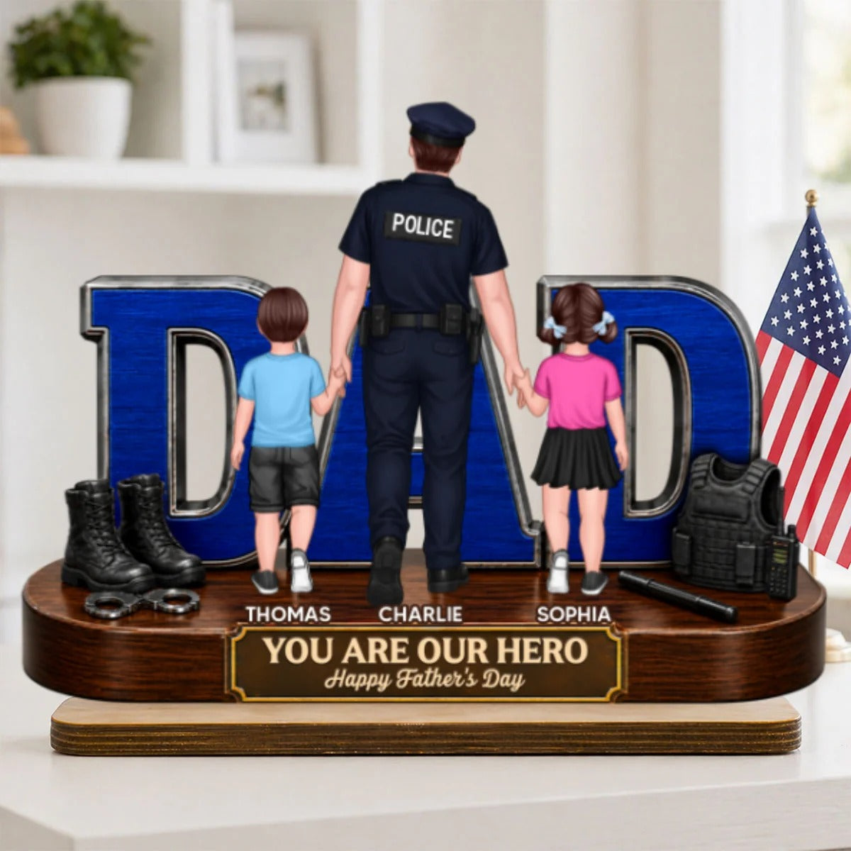 Proud American Police Dad You Are Our Hero - Personalized Wooden Plaque - Unique Trending Gift For Dad, Husband