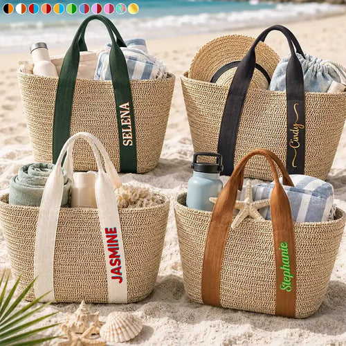 Colorful Name In Style - Personalized Straw Beach Bag