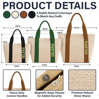 Colorful Name In Style - Personalized Straw Beach Bag