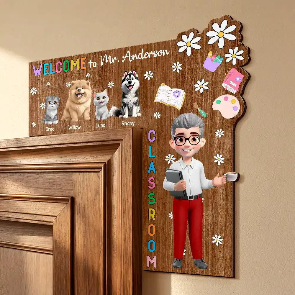Welcome To My Class Cat Dog Mom Teacher - Personalized Door Corner Wood Sign