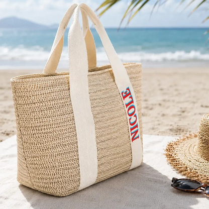 Colorful Name In Style - Personalized Straw Beach Bag