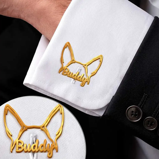 Dog Ears Line Art With Custom Name - Personalized Cufflinks