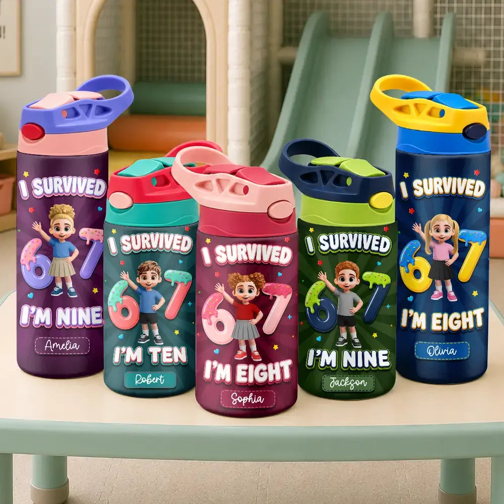 I Survived Six Seven Funny Slang - Personalized Insulated Water Bottle With Straw