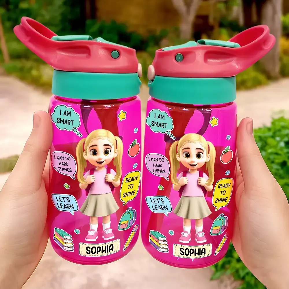 School Kid With Backpack - Personalized Kids Water Bottle With Straw
