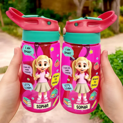 School Kid With Backpack - Personalized Kids Water Bottle With Straw