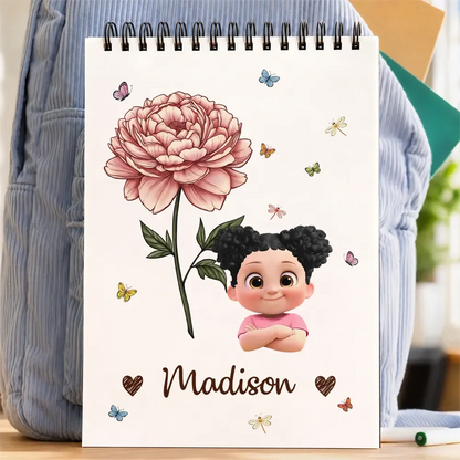 Birth Flower Cartoon Character For Kids, Sisters, Besties - Personalized Sketchbook