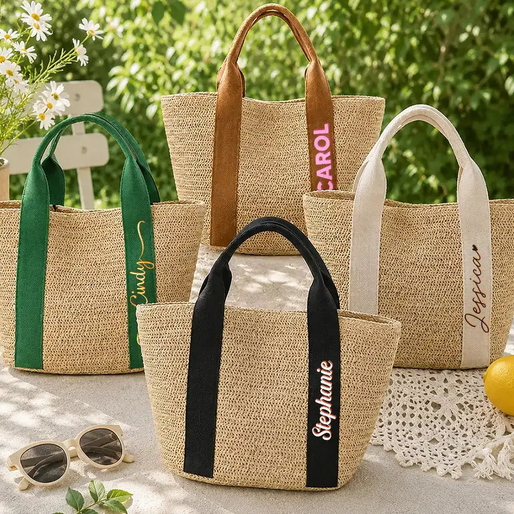 Colorful Name In Style - Personalized Straw Beach Bag
