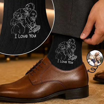 Custom Photo Outline Sketch Best Dad Ever - Personalized Embroidered Socks