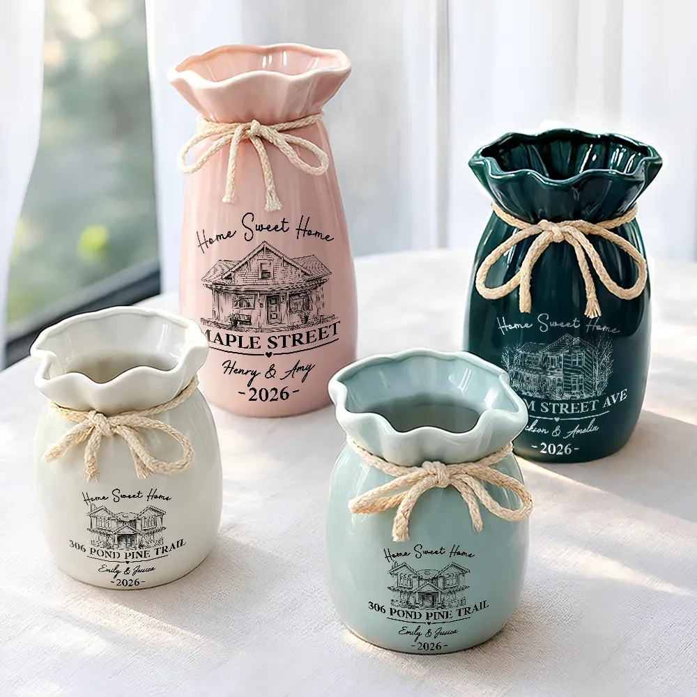 Custom Photo Pencil Sketch Home Sweet Home New House - Personalized Ribbon Tie Flower Vase