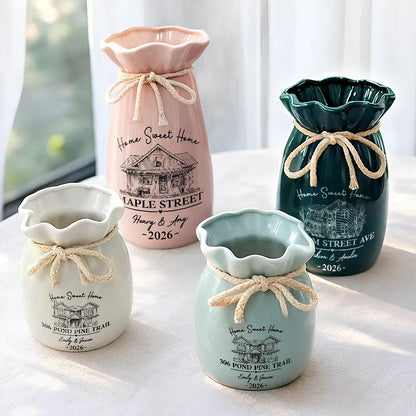 Custom Photo Pencil Sketch Home Sweet Home New House - Personalized Ribbon Tie Flower Vase