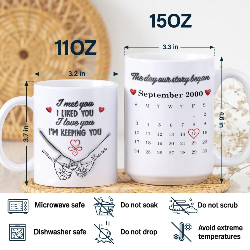Calendar Couple Holding Hands I Met You Liked You Love You 3D Inflated Effect - Personalized White Edge-to-Edge Mug