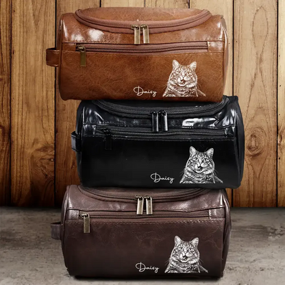 Custom Photo Bold Sketch Besties Family Pet Funny Portrait - Personalized Leather Toiletry Bag