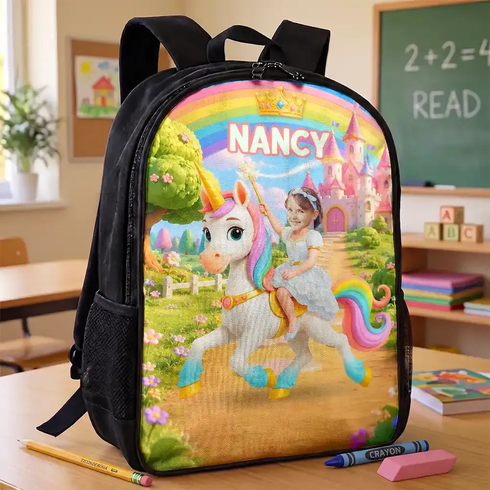 Custom Photo Little Girl Princess Unicorn - Personalized Kids Backpack