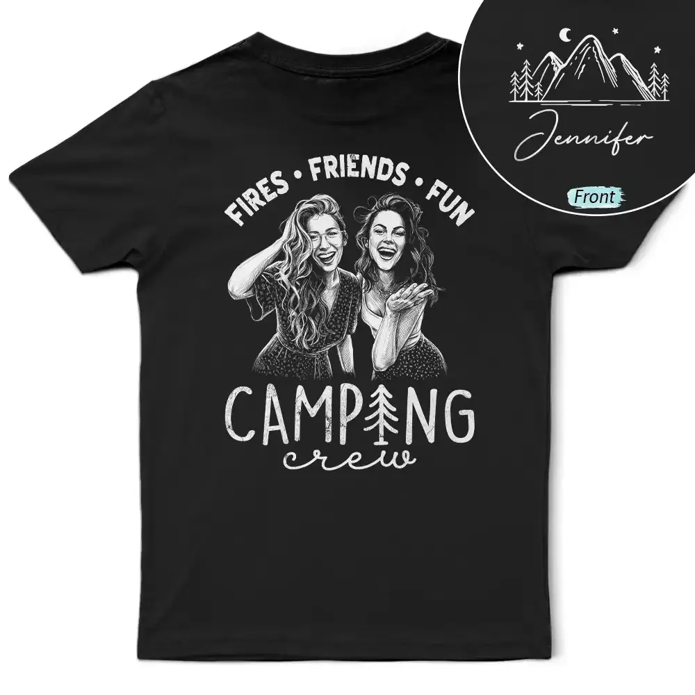 Custom Photo White Pencil Sketch Art Camping Crew Fires Friends Fun - Personalized T Shirt
