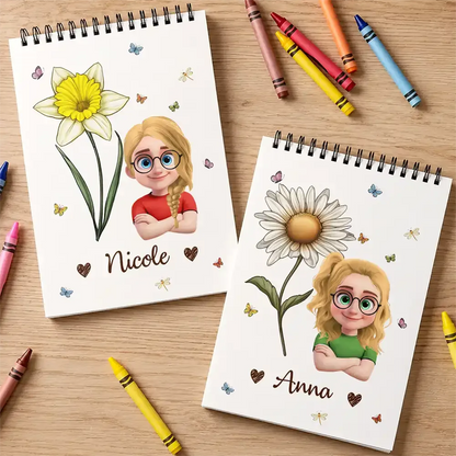Birth Flower Cartoon Character For Kids, Sisters, Besties - Personalized Sketchbook