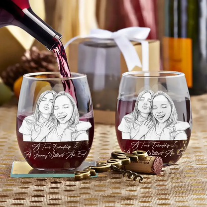 Custom Photo Pencil Sketch Art Right In The Throat Besties - Personalized Stemless Wine Glass
