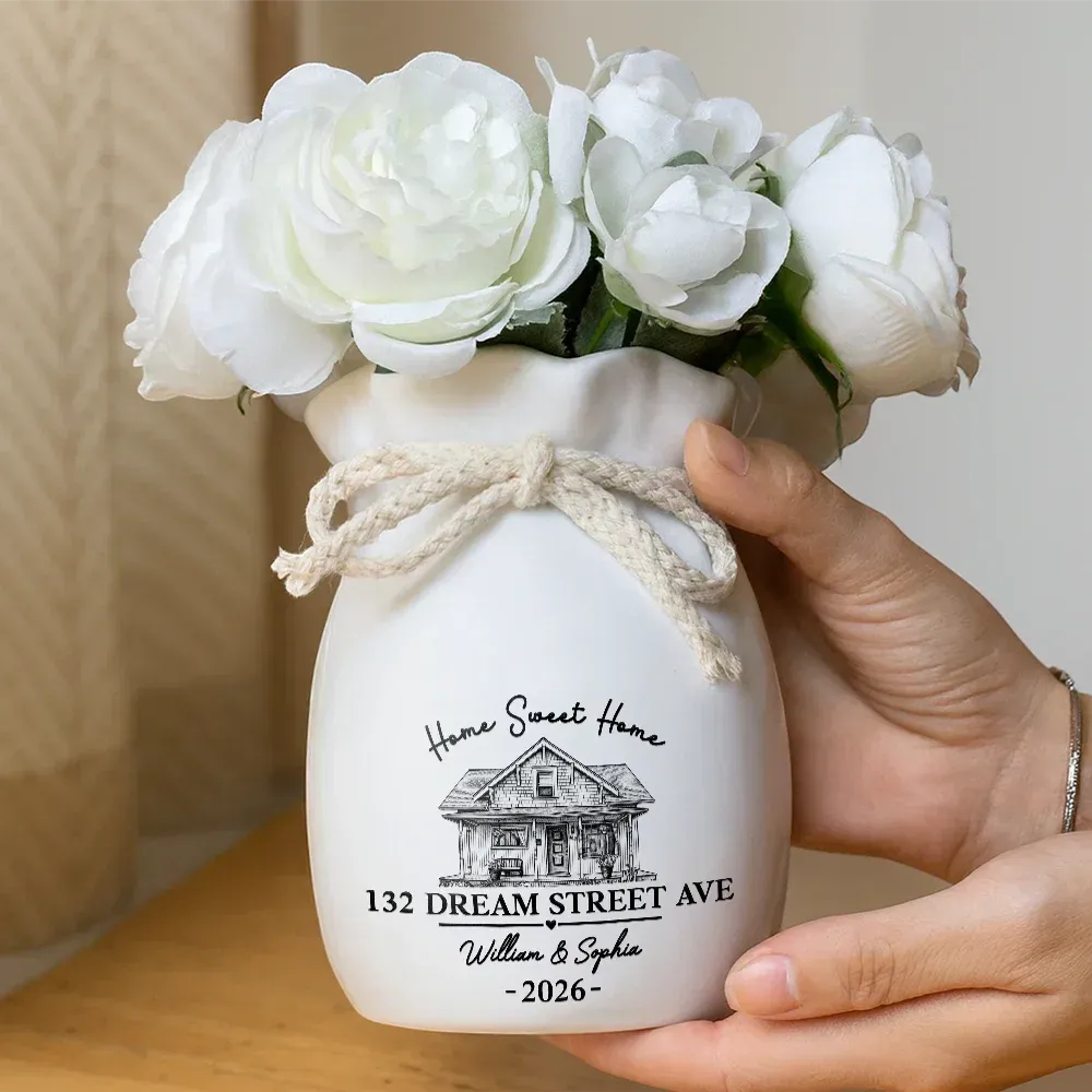 Custom Photo Pencil Sketch Home Sweet Home New House - Personalized Ribbon Tie Flower Vase