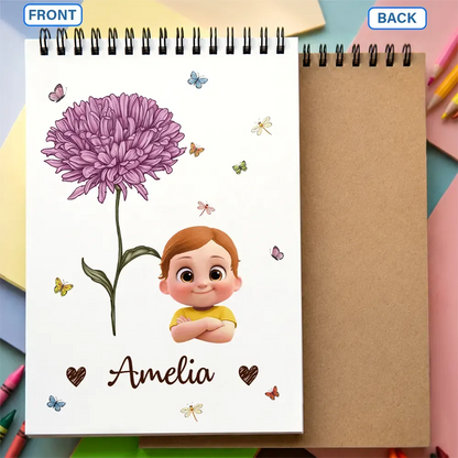 Birth Flower Cartoon Character For Kids, Sisters, Besties - Personalized Sketchbook