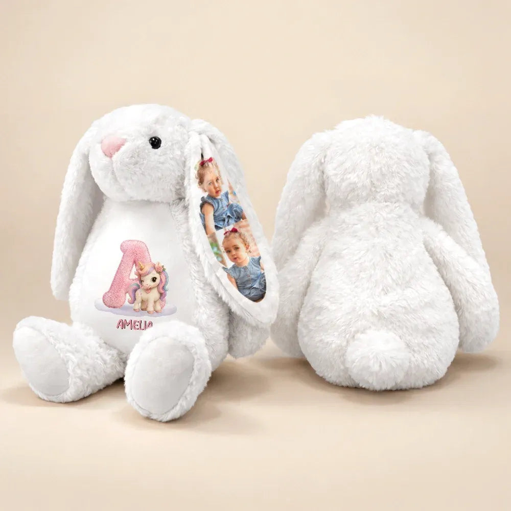 Custom Photo Faux Embroidery Effect Chenille Animal & Alphabet Letters - Personalized Soft Toy Bunny
