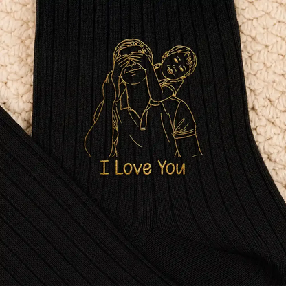 Custom Photo Outline Sketch Best Dad Ever - Personalized Embroidered Socks