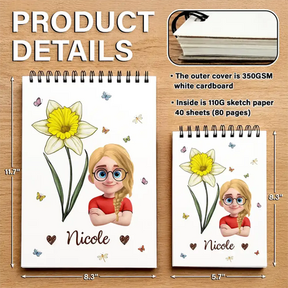 Birth Flower Cartoon Character For Kids, Sisters, Besties - Personalized Sketchbook